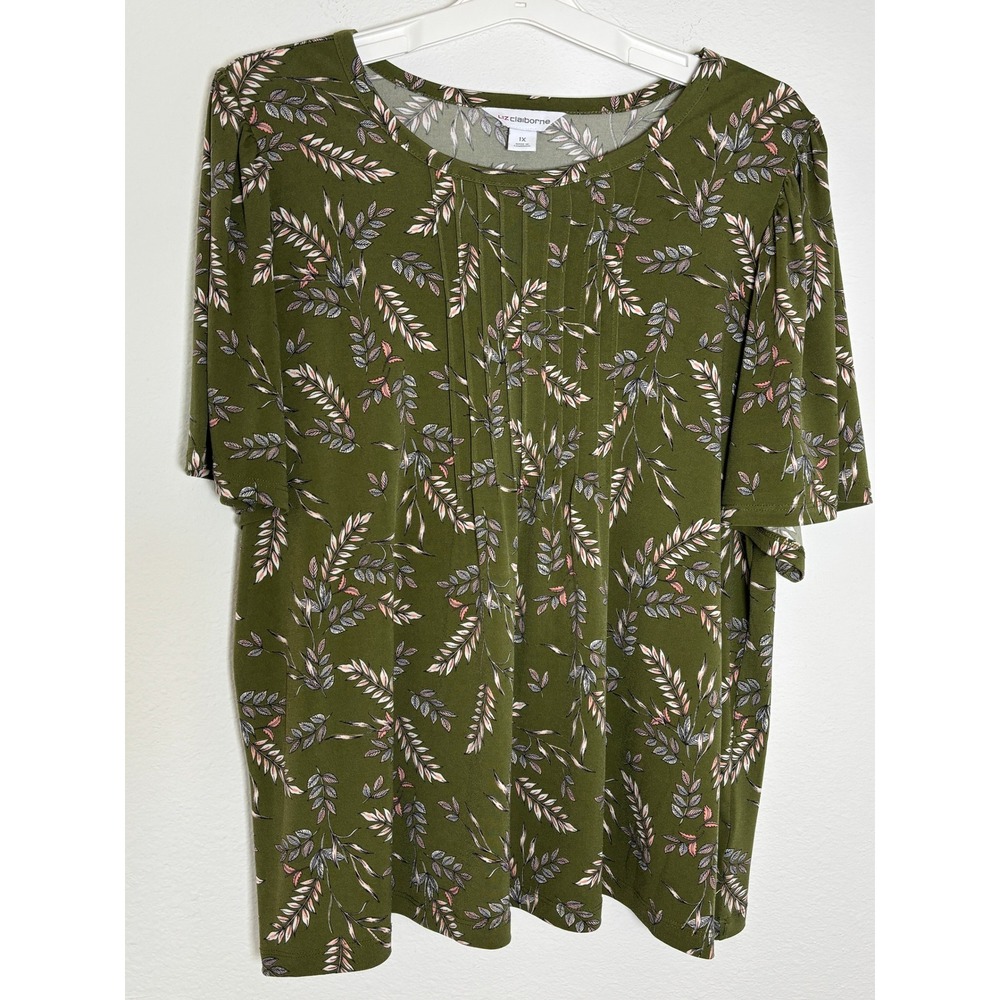 Liz Claiborne Olive Green Leaf Print Pintuck Blouse Short Sleeve Top‎ 1X Plus